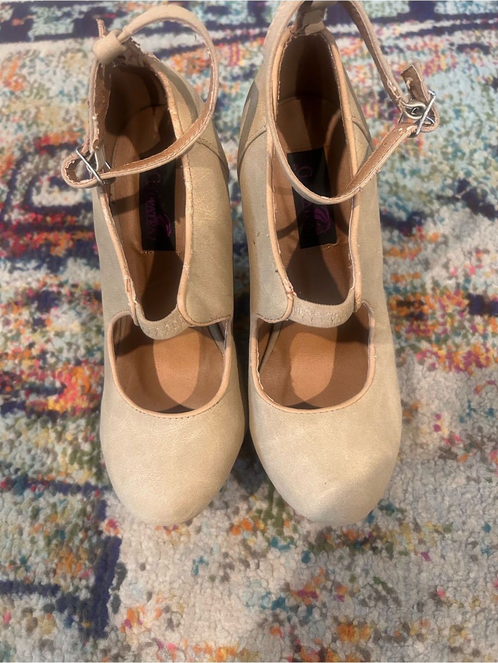 Ankle-Strap Closed-Toe Heels in Light Beige